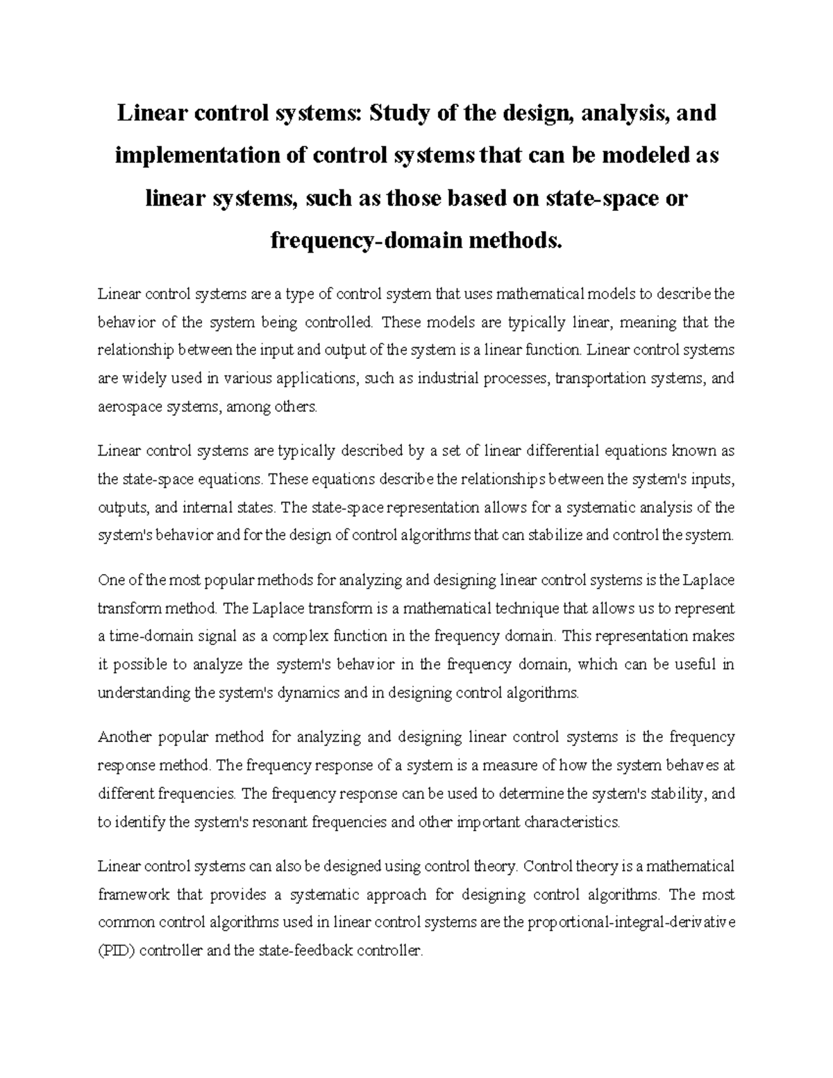 Linear control systems - Linear control systems are a type of control ...