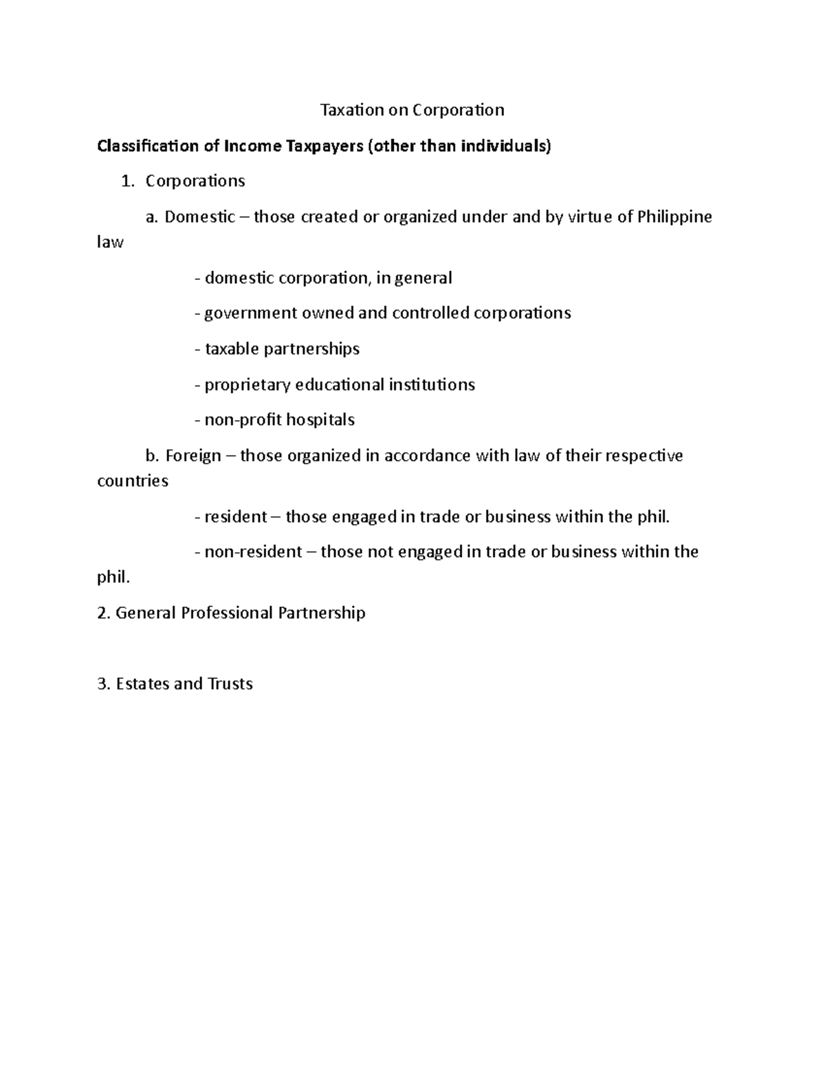 Taxation on Corporation - 1 - Taxation on Corporation Classification of ...