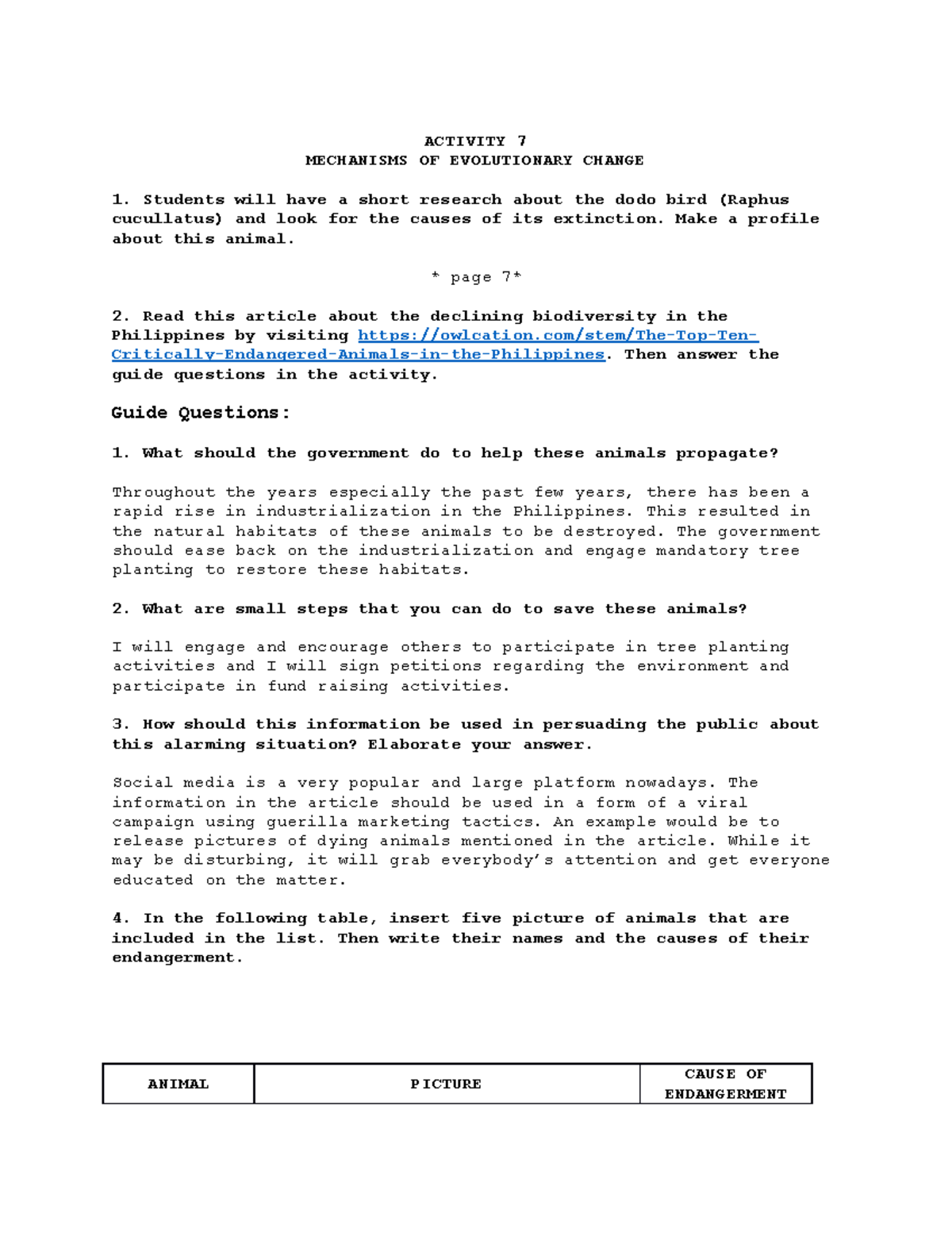 Activity 7 in Science Work - ACTIVITY 7 MECHANISMS OF EVOLUTIONARY ...