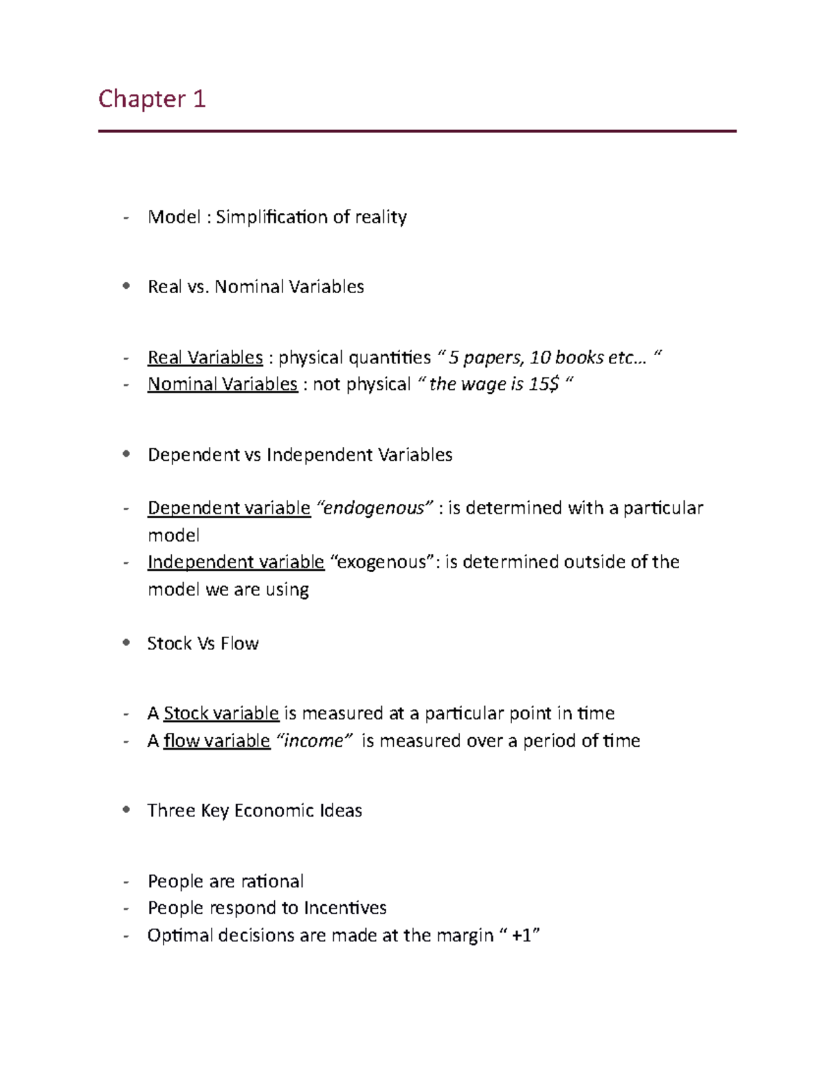 Chapter 1 notes Chapter 1 Model Simplification of reality Real vs