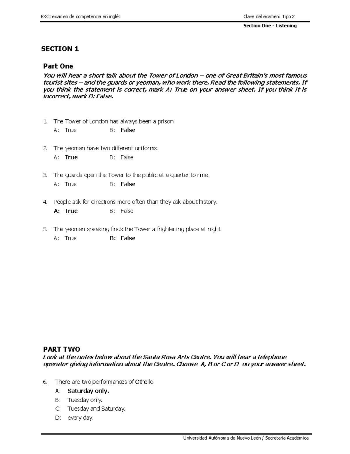 EXAMEN DE COMPETENCIA DE INGLES - Section One - Listening SECTION 1 ...