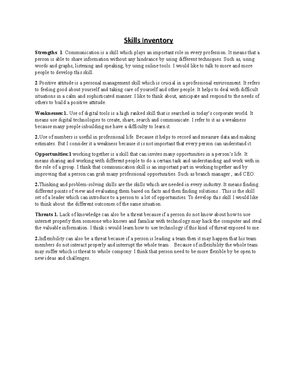 Document 1 dwq Skills Inventory Strengths 1. Communication is a