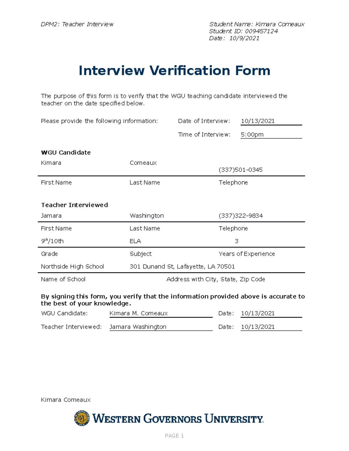 Interview Verification Form and Task 2 DPM2 Teacher Interview