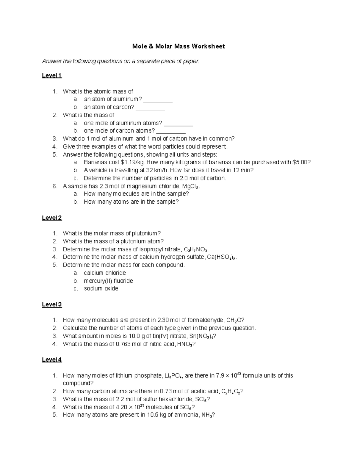 Moles and molar mass worksheet - Mole & Molar Mass Worksheet Answer the  following questions on a - Studocu