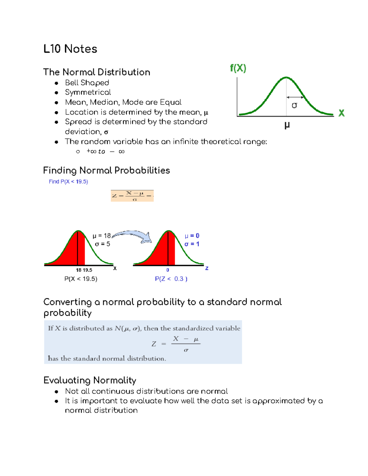 Reading 10 - L10 Notes The Normal Distribution Bell Shaped Symmetrical ...