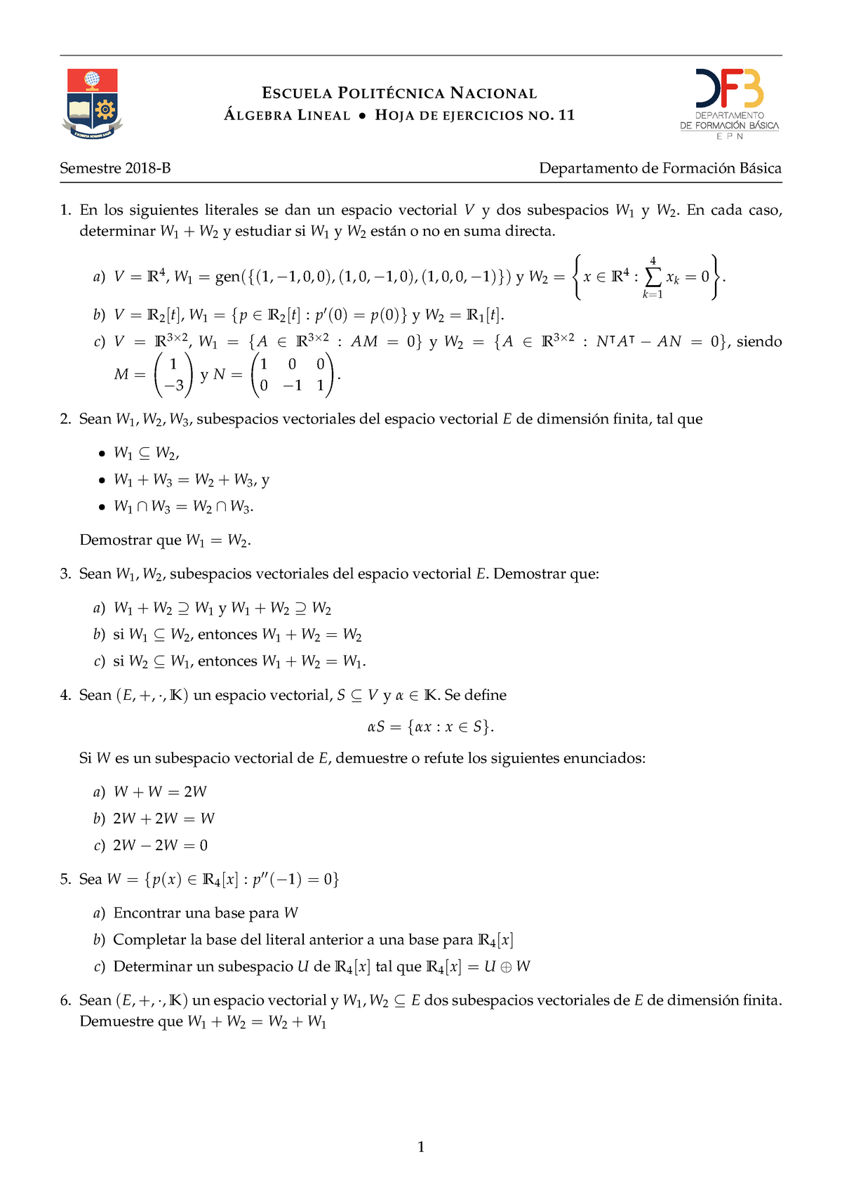 Hoja Ejercicios Algebra 11 E Scuela P N Acional Lgebra L Ineal H Oja De Ejercicios No 11 1951