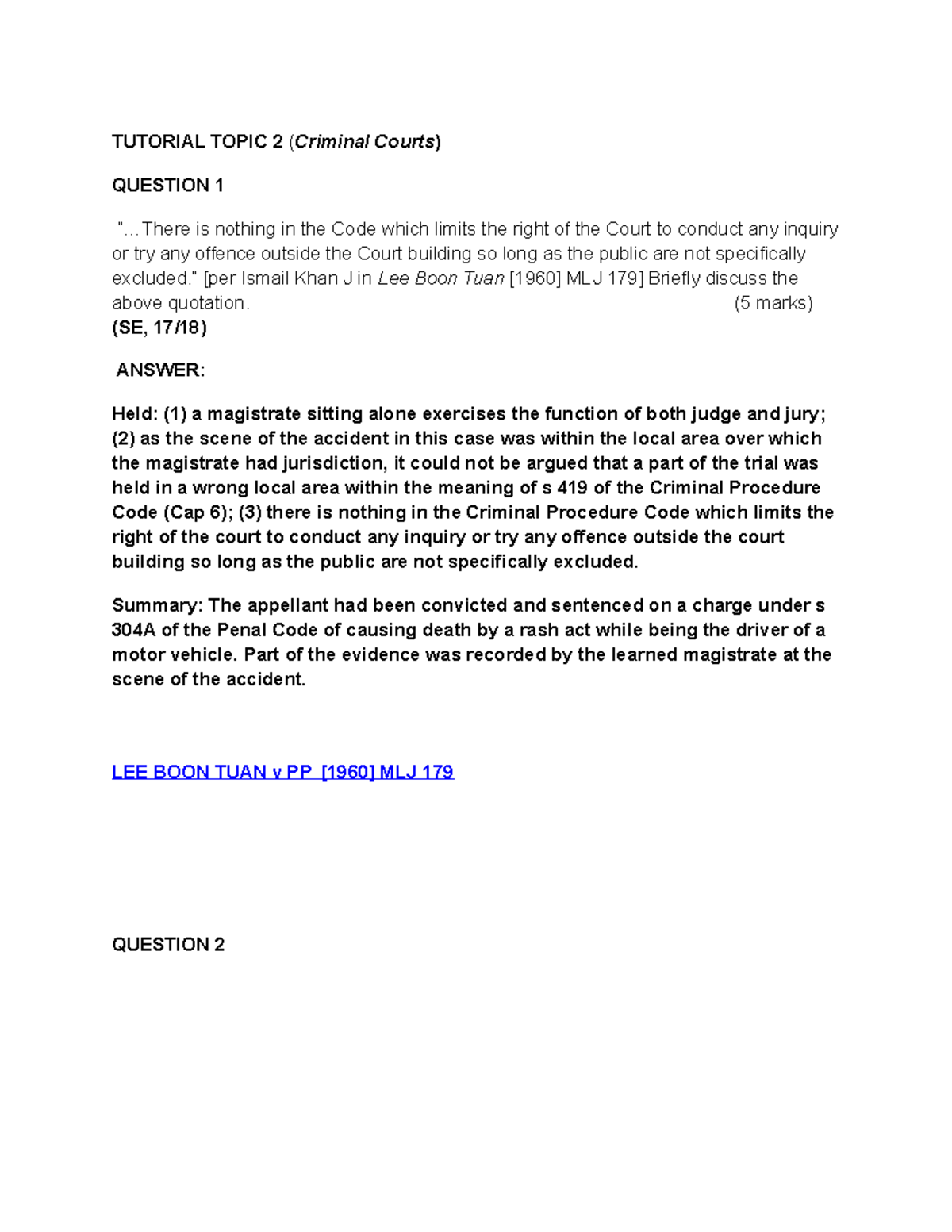 Tutorial Question on Court jurisdiction TUTORIAL TOPIC 2 ( Criminal