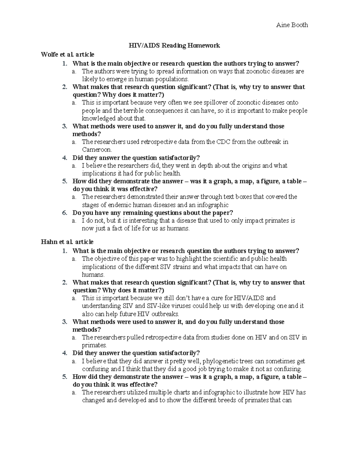HIV AIDS Reading Homework - Aine Booth HIV/AIDS Reading Homework Wolfe ...