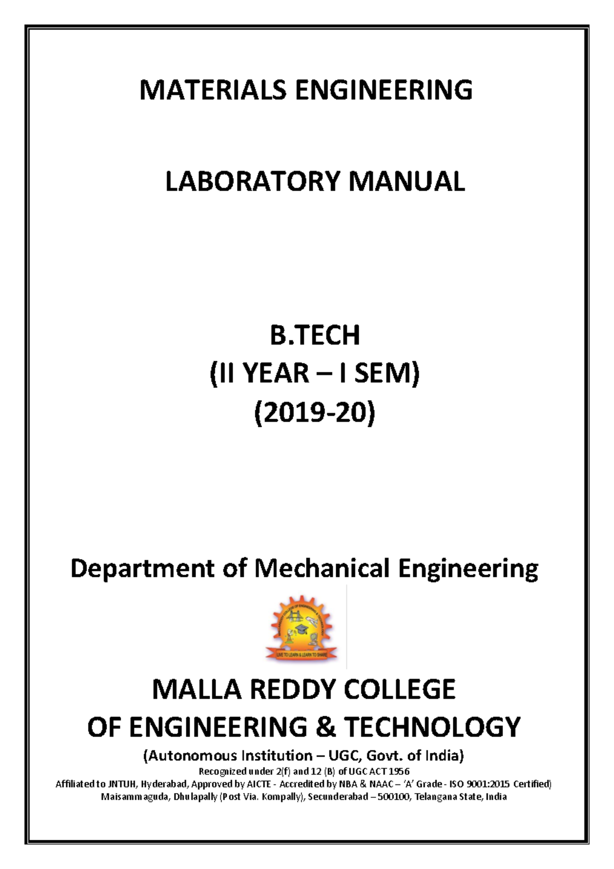 Materials Engineering LAB - MATERIALS ENGINEERING LABORATORY MANUAL B ...