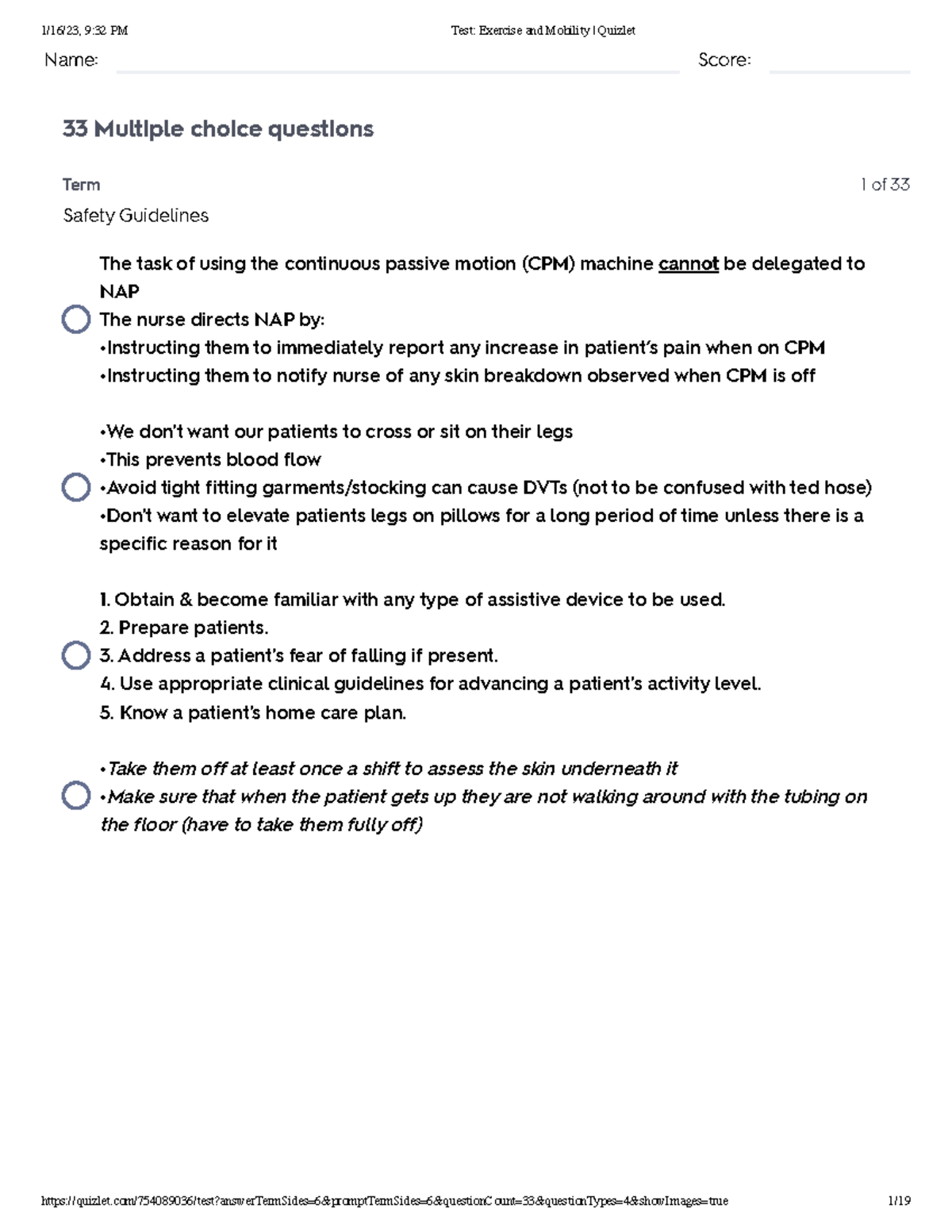 Test Exercise and Mobility Quizlet Name Score 33 Multiple choice