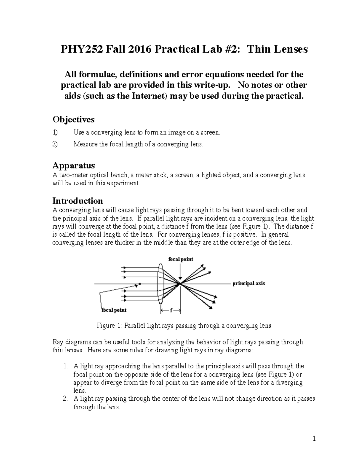 Thin Lenses Practical Manual report PHY252 Fall 2016 Practical Lab