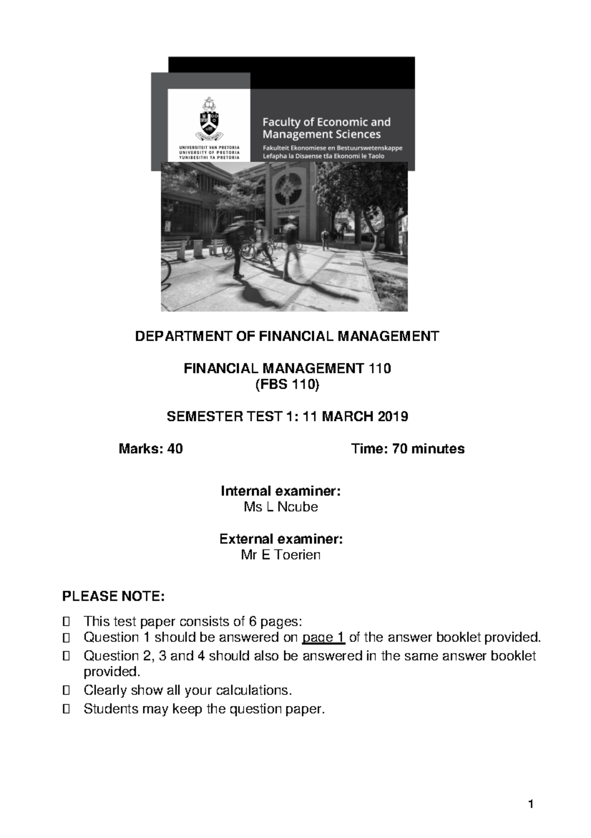 Test 1 6 May 2019, Questions - DEPARTMENT OF FINANCIAL MANAGEMENT ...