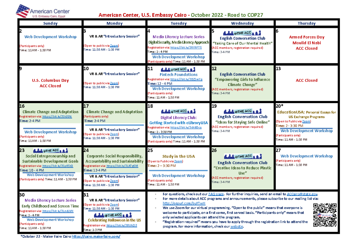 ACC October 2022 Program Calendar - American Center, U. Embassy Cairo ...