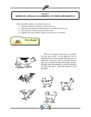 7. Kinds OF Animal According TO FOOD AND Habitat - At the end of the  module, you should be able to: - Studocu