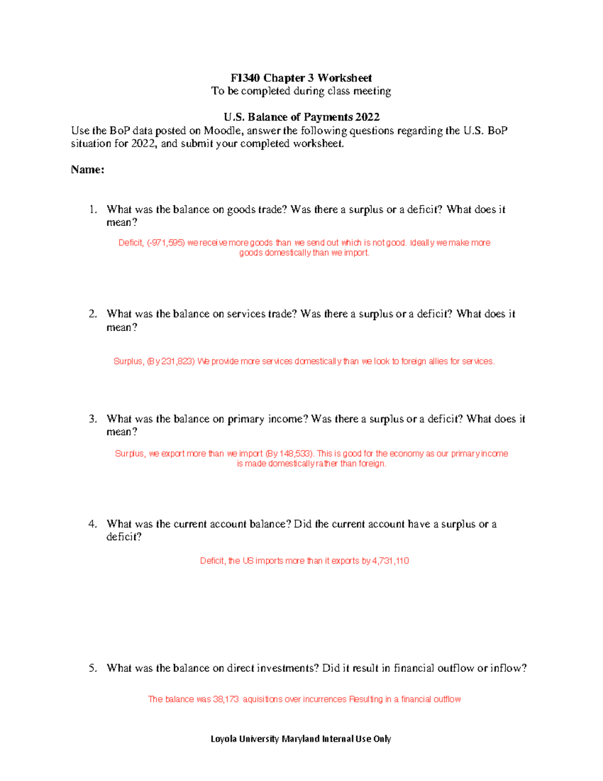FI340 Ch3 worksheet classwork Loyola University Maryland Internal Use Only FI340 Chapter 3