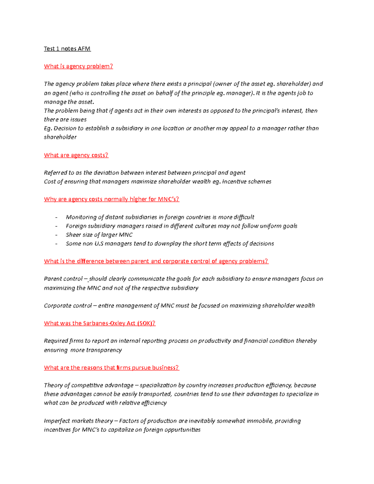 Test 1 Notes AFM - Lectures 1-2 - Test 1 Notes AFM What Is Agency ...