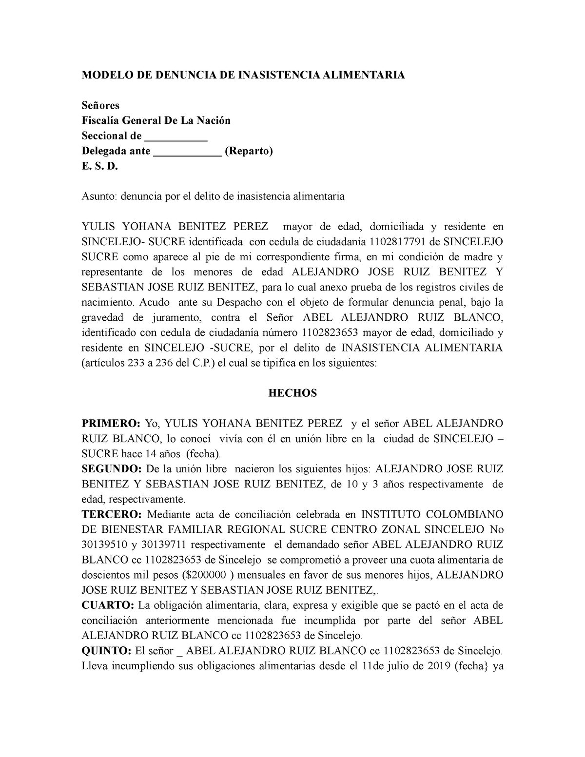 Modelo-denuncia-de-alimentos-en-Colombia-Fiscalía-yuli benitez - MODELO DE  DENUNCIA DE INASISTENCIA - Studocu