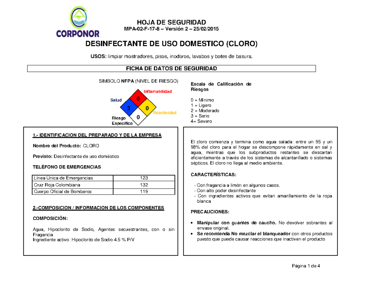 Ficha Tecnica De Seguridad Del Cloro