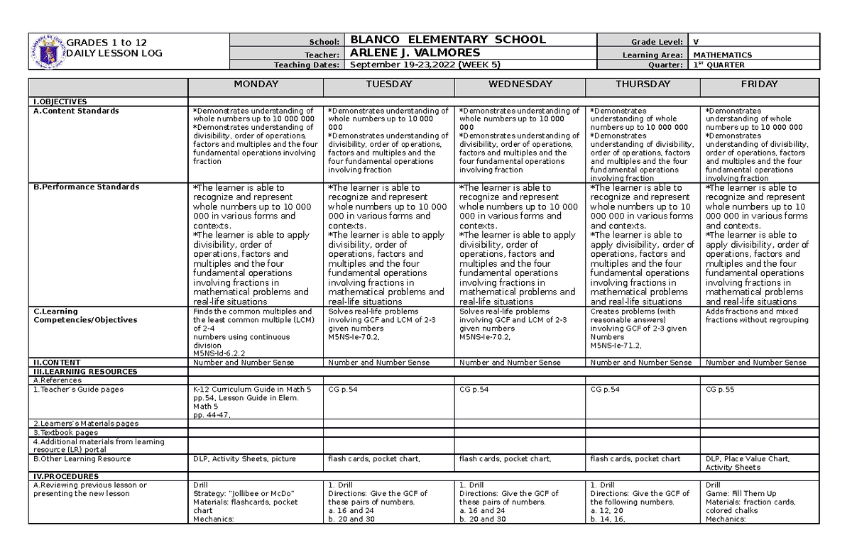 DLL Mathematics-5 Q1 W5 - GRADES 1 to 12 DAILY LESSON LOG School ...