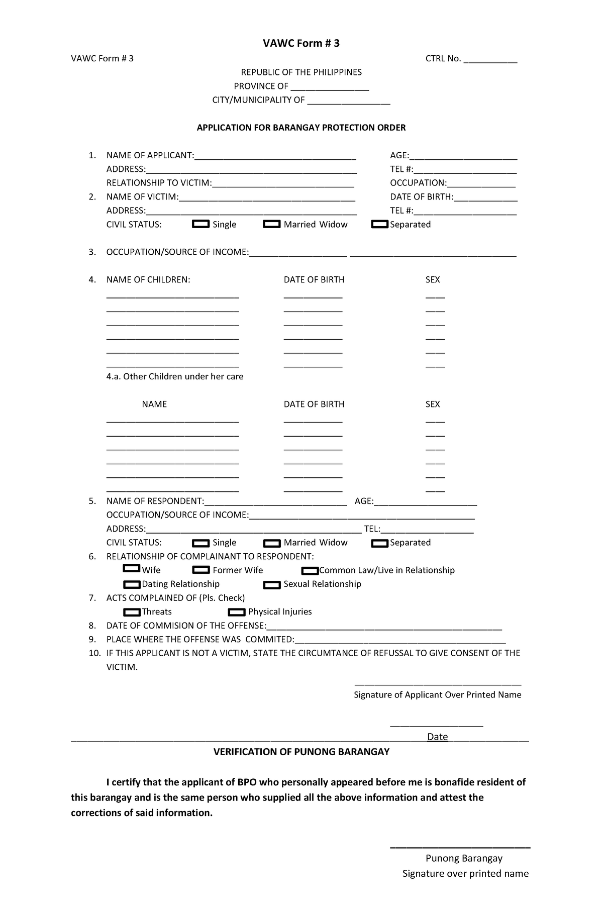 Vawc Forms Republic Of The Philippines Province Of City 8302
