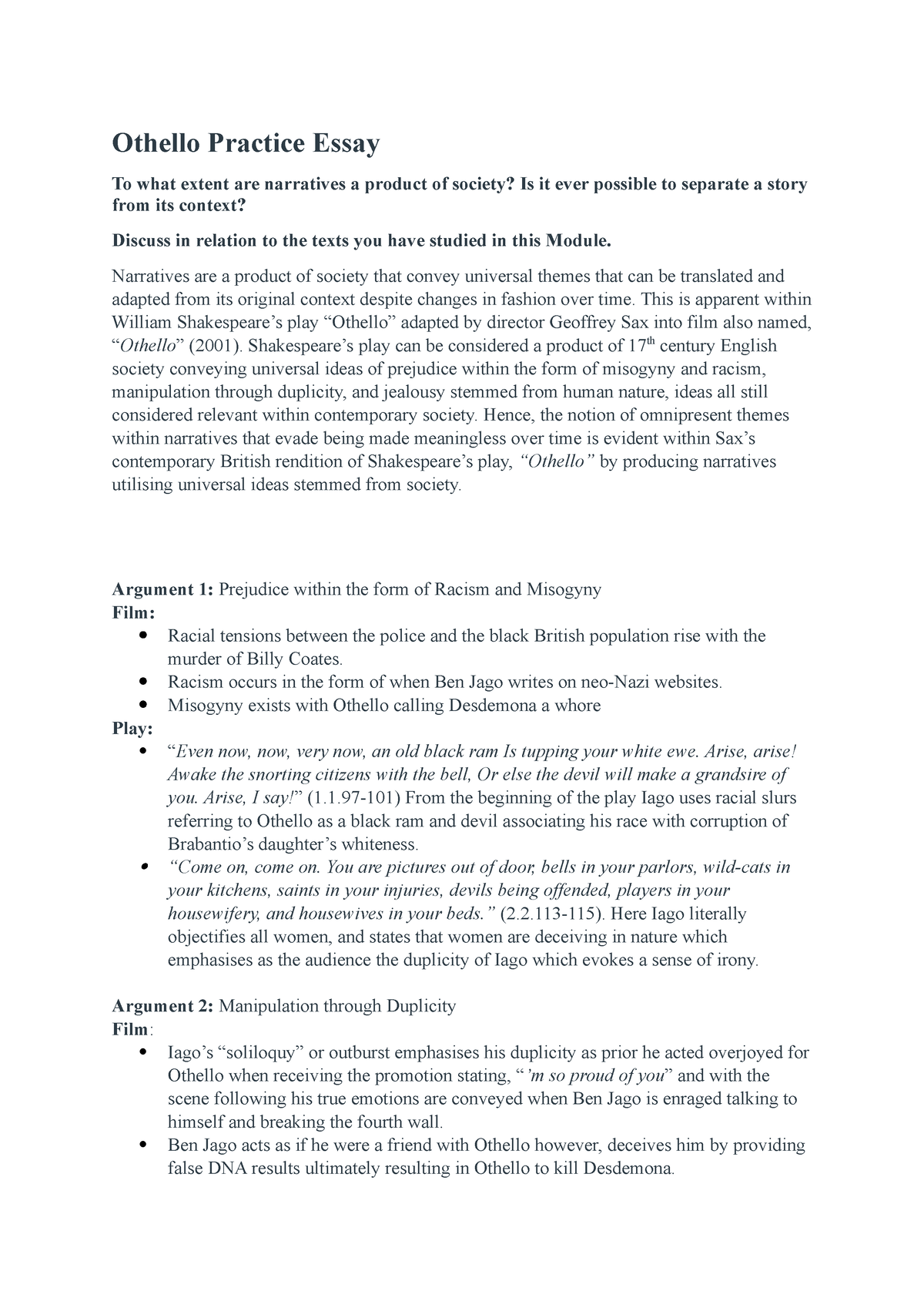 othello essay examples pdf