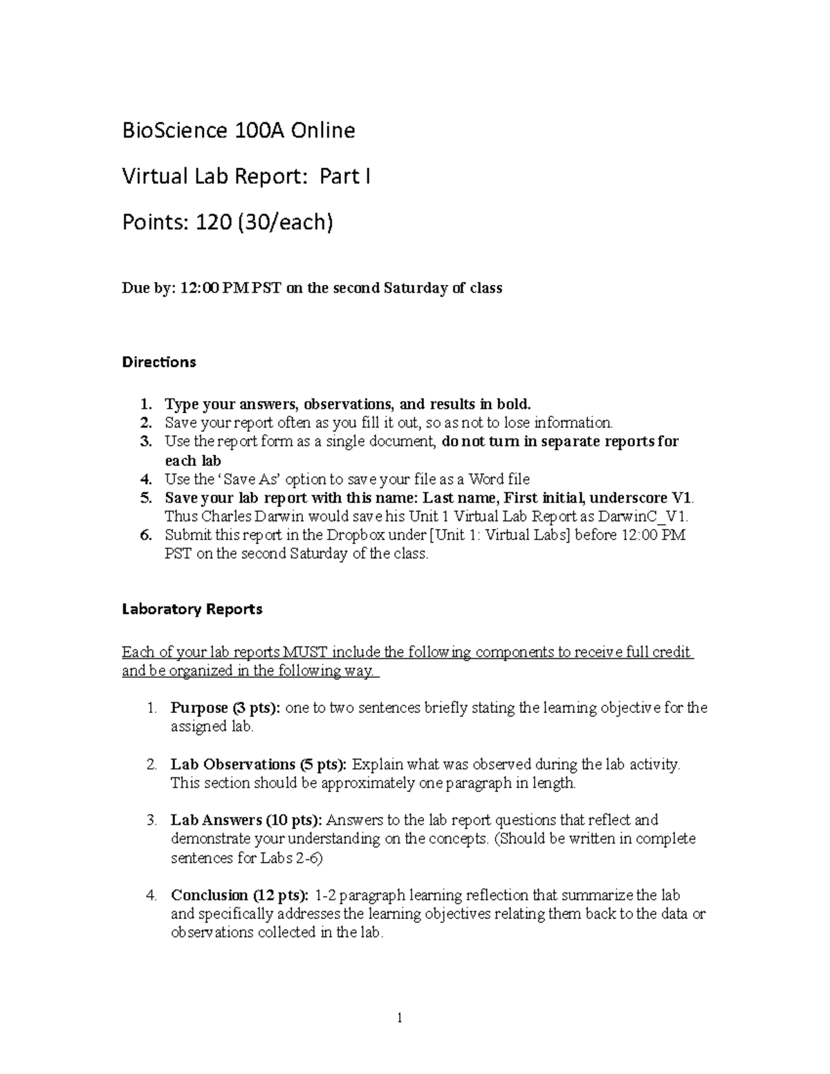 Virtual Lab Report 1 - BioScience 100A Online Virtual Lab Report: Part ...