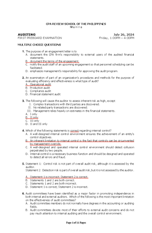 Sk UTe X- Auditing First Preboard Questionnaire - CPA REVIEW SCHOOL OF ...