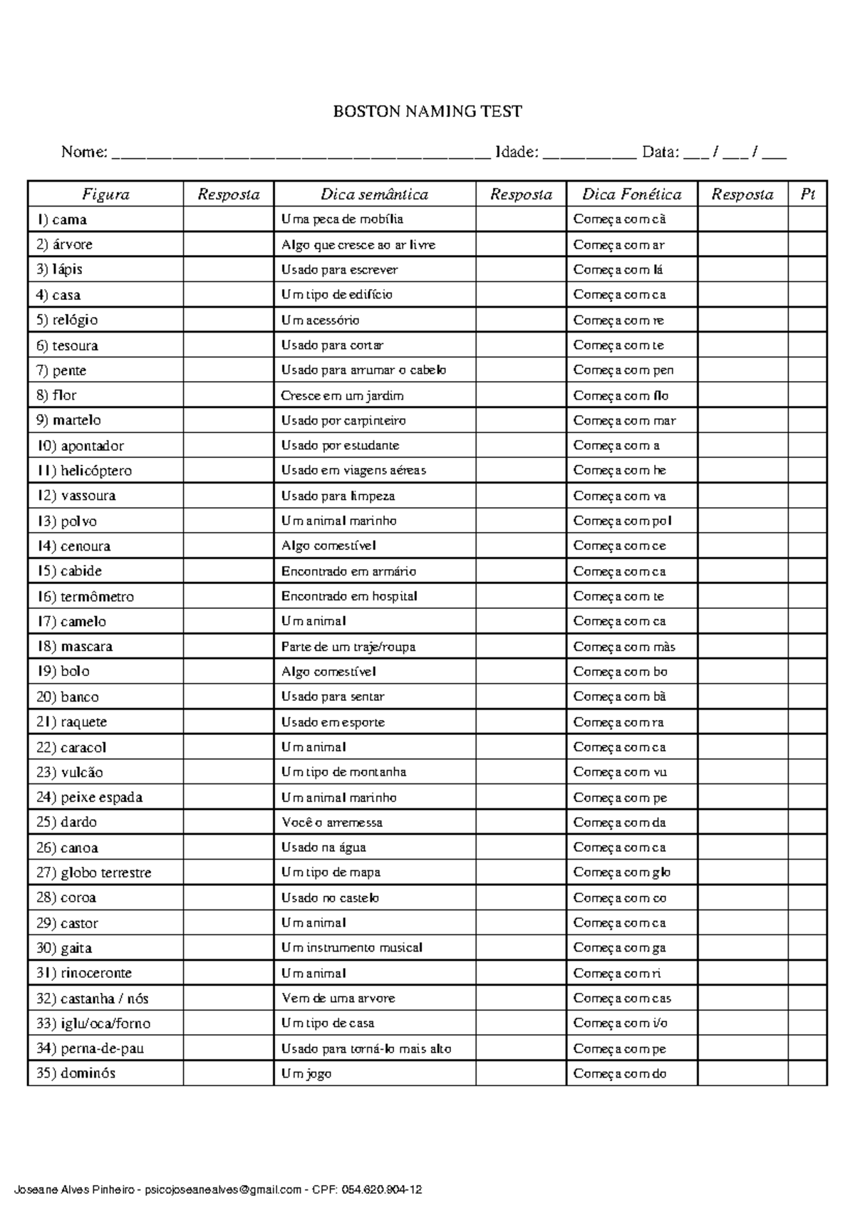 Boston. Teste Boston Naming - Folha de resposta - BOSTON NAMING TEST ...