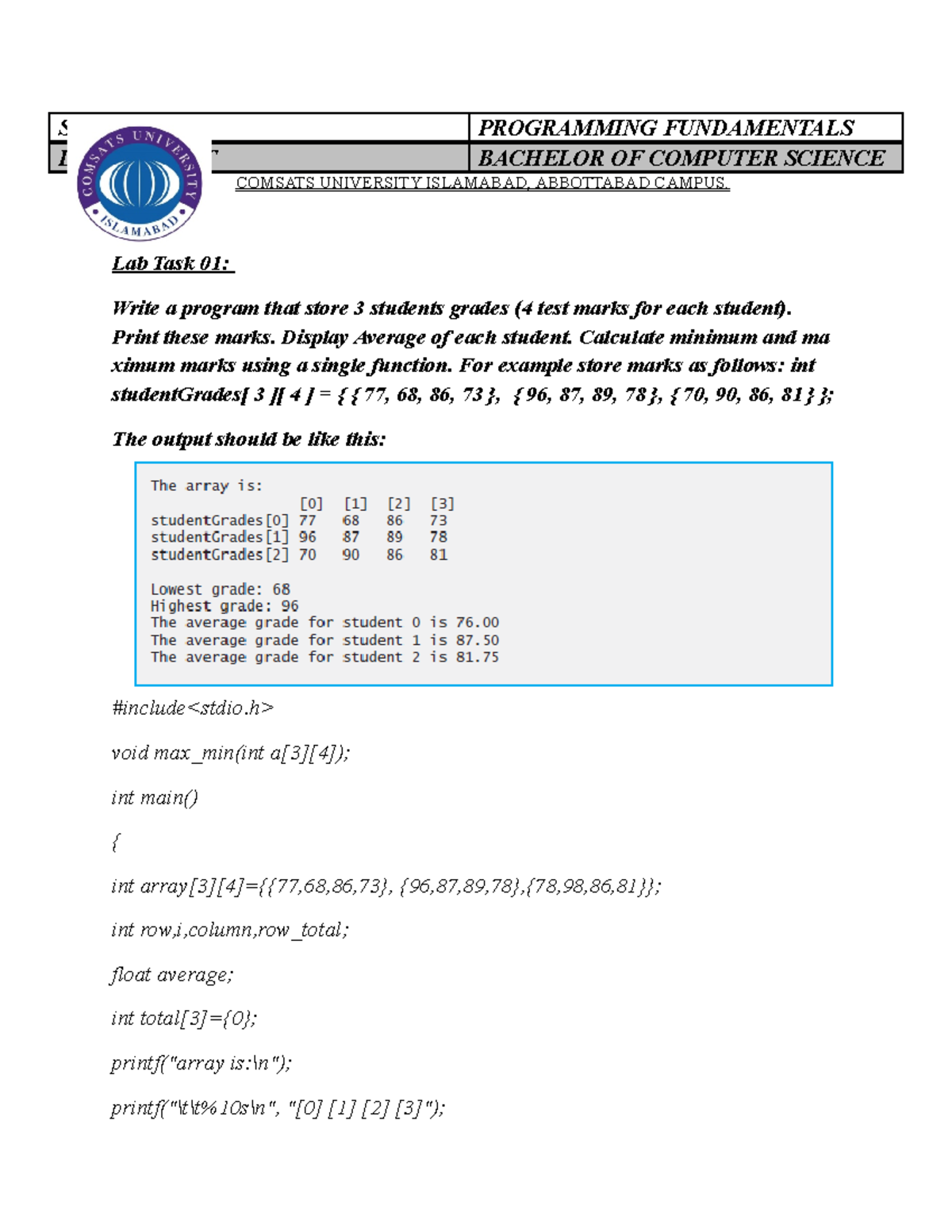 PF-58[Write a program that store 3 students grades,Print these marks ...