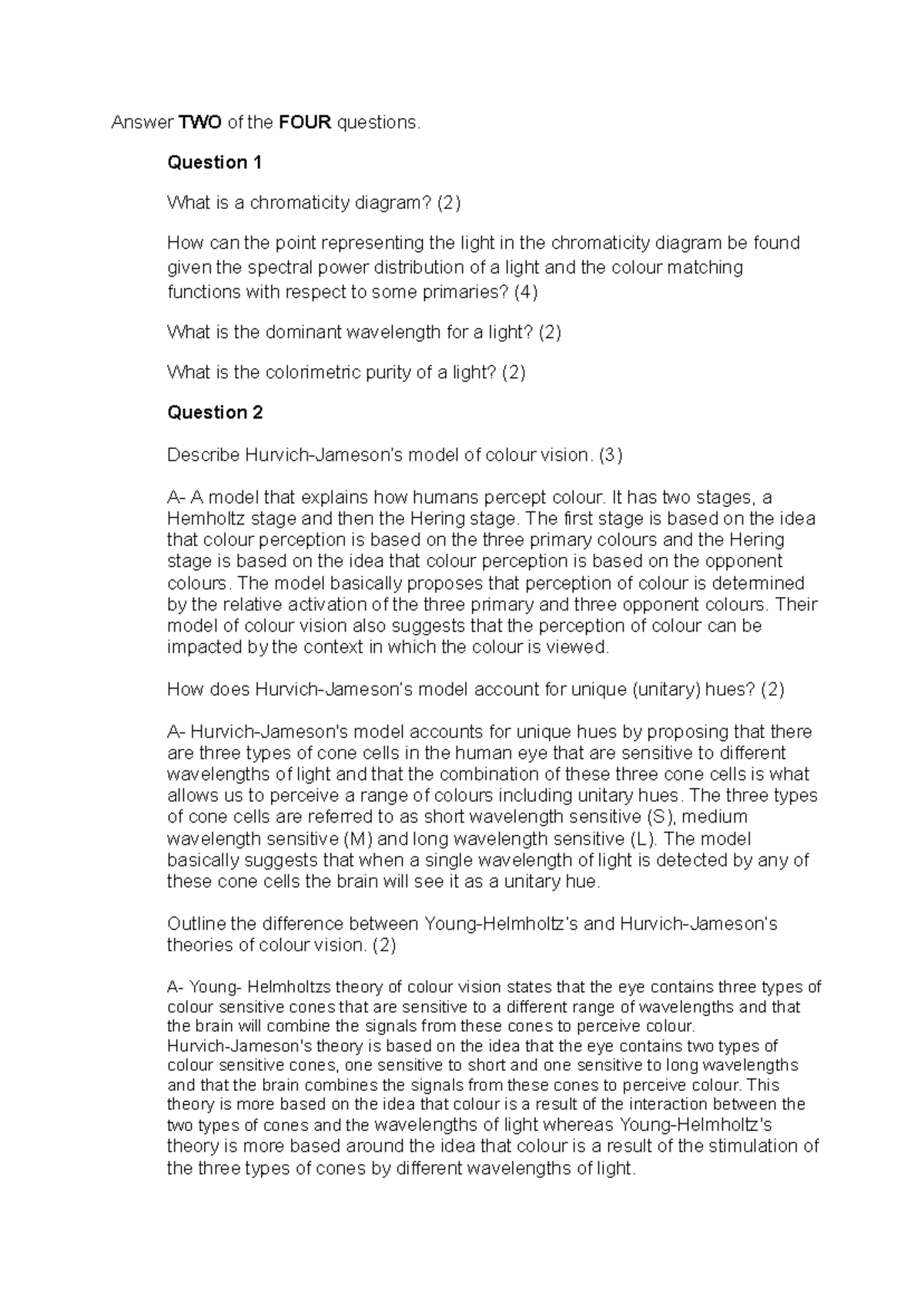 Class test colour vision - Answer TWO of the FOUR questions. Question 1 ...