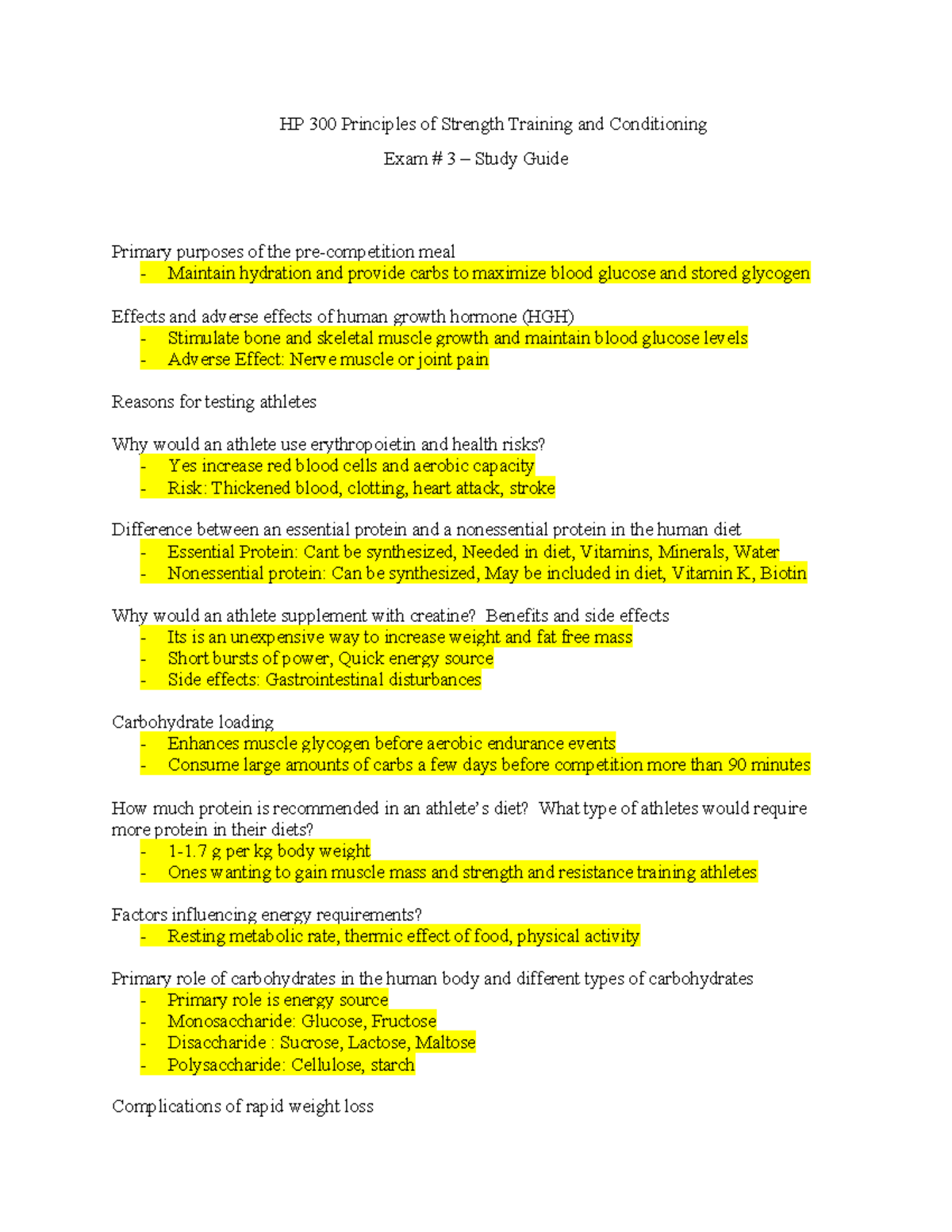 Exam 3 Study Guide HP 300 Principles of Strength Training and