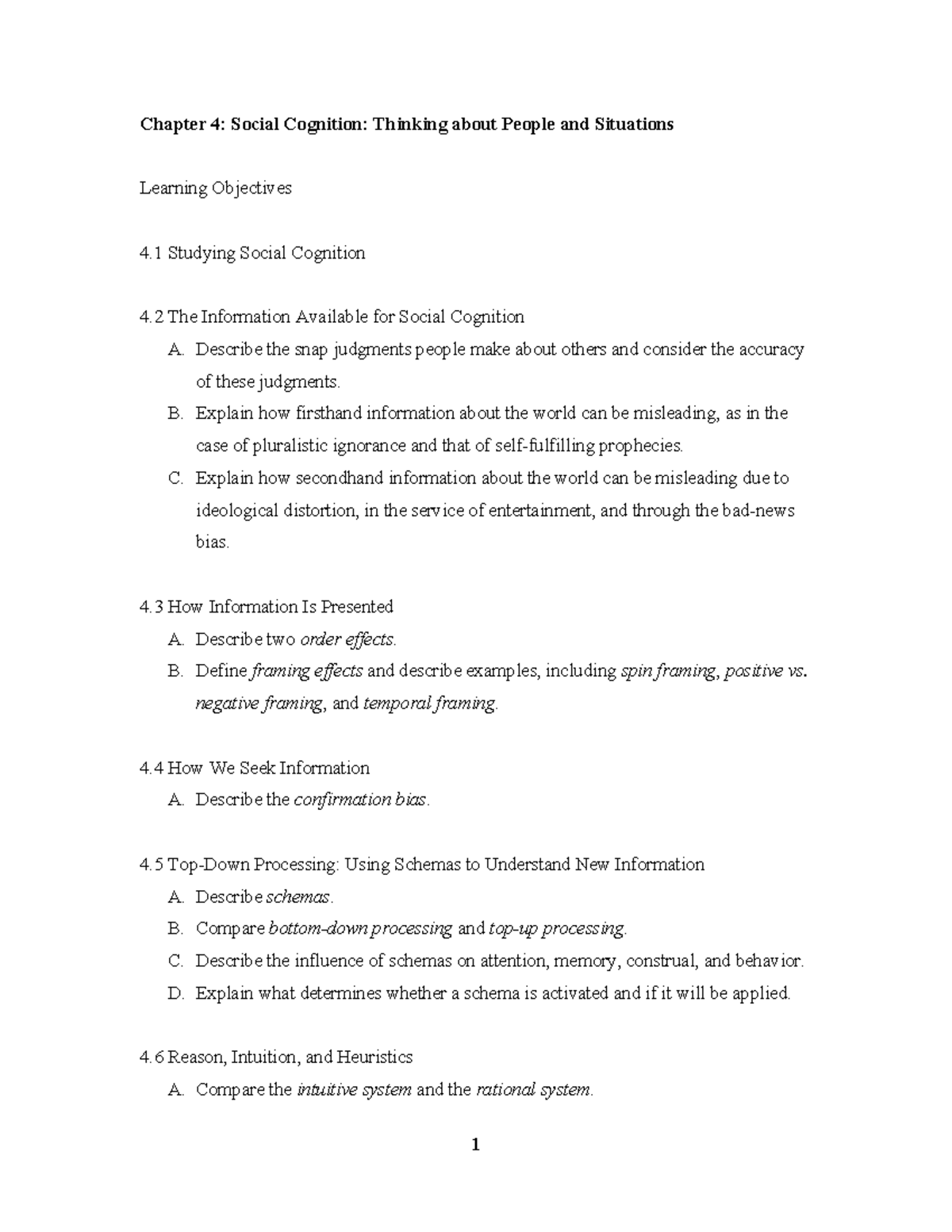 PSYC 3133 LEarning Objectives Ch. 4 - 1 Chapter 4: Social Cognition ...