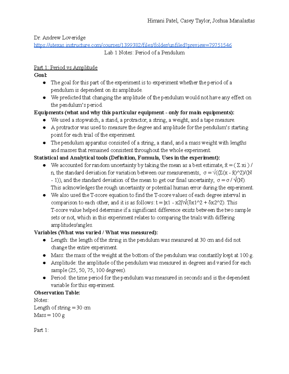 Lab 1 Notes PHY105M - lmmkl - Dr. Andrew Loveridge - Studocu