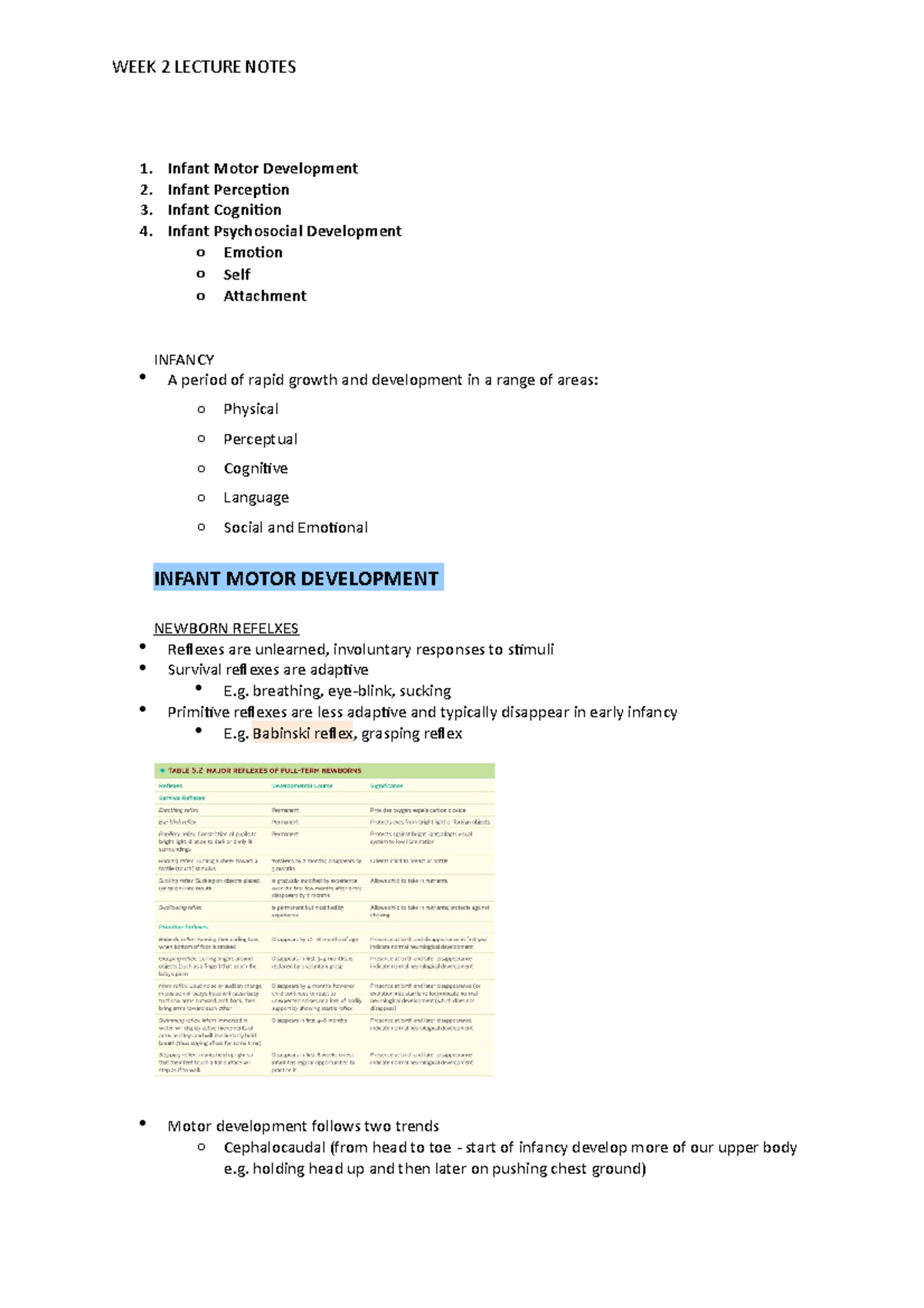 Week 2 Lecture Notes Infant Motor Development PYB203 StuDocu