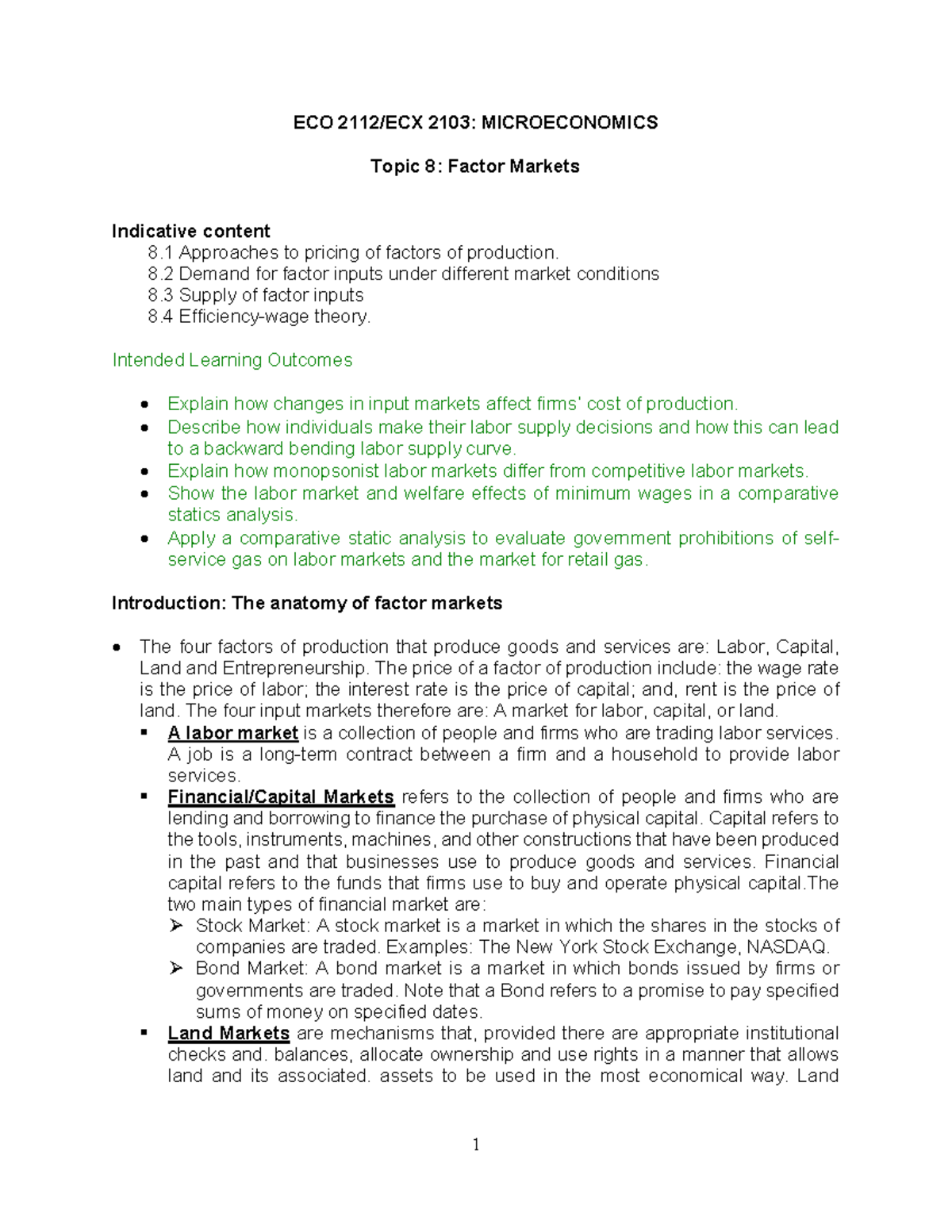 Topic 8 - Factor Markets - ECO 2112/ECX 2103: MICROECONOMICS Topic 8 ...