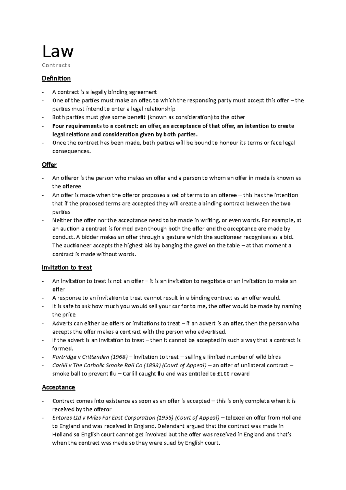 Contract Law seminar notes - Law Contracts Definition A contract is a ...