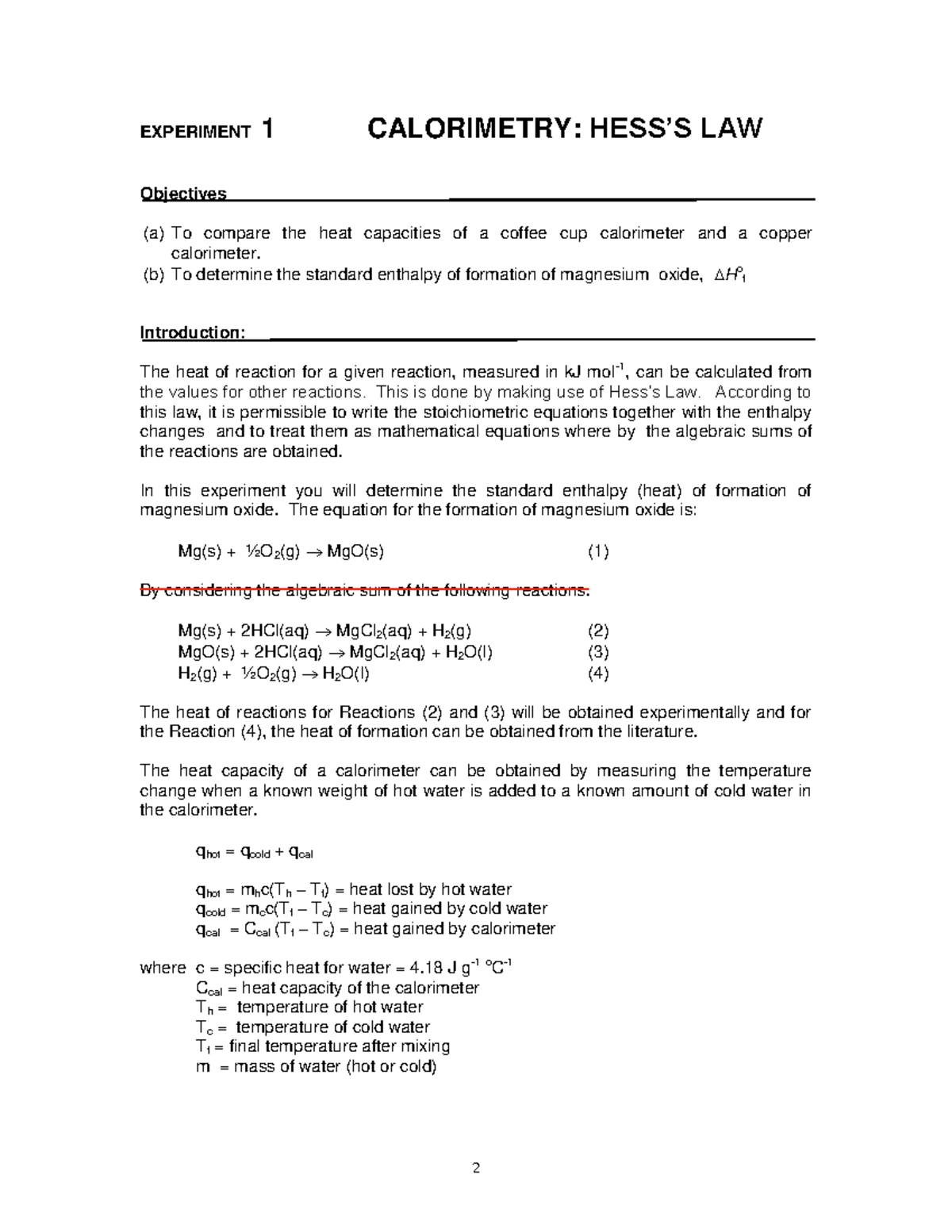 Lab Manual Experiment 1 Calorimetry Hesss Law Applied Chemistry