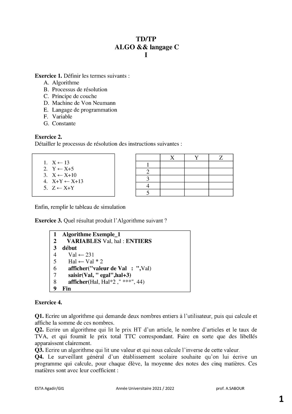 TD Algo 1 2021 2022 - Algorithmique Exercice Corrigé 100% 20/20 - ESTA ...