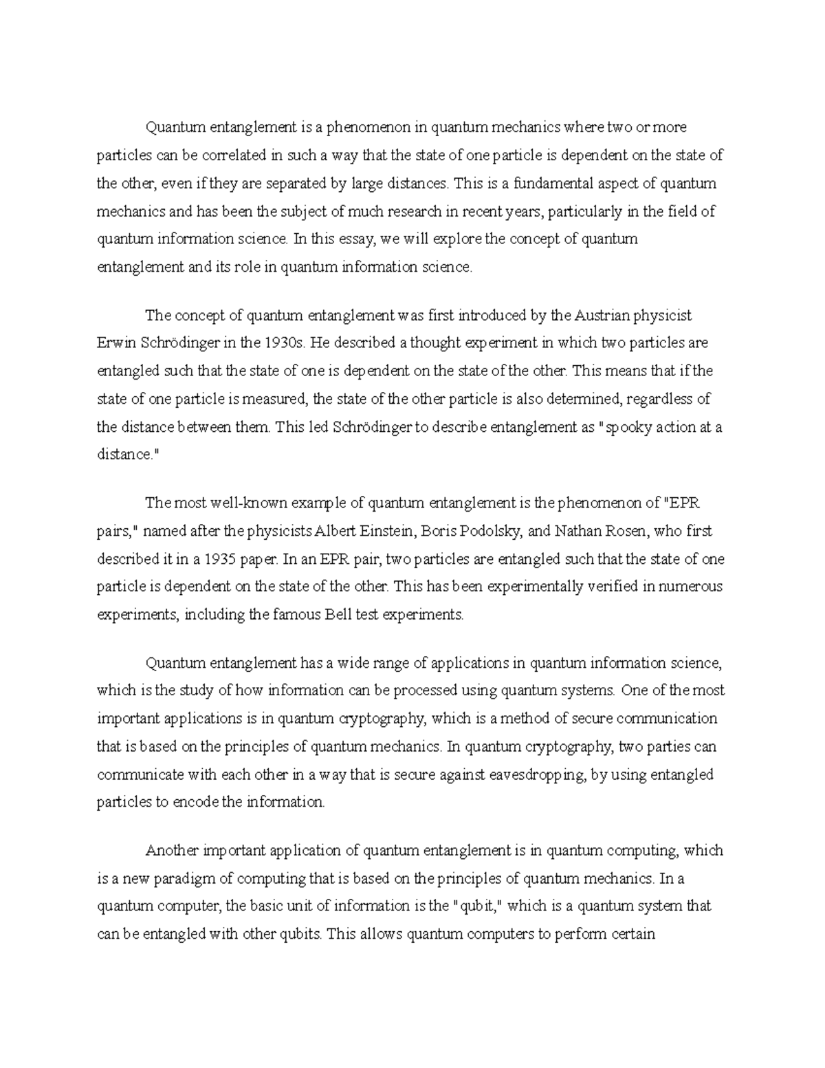 Quantum Entanglement and its Role in Quantum Information Science ...
