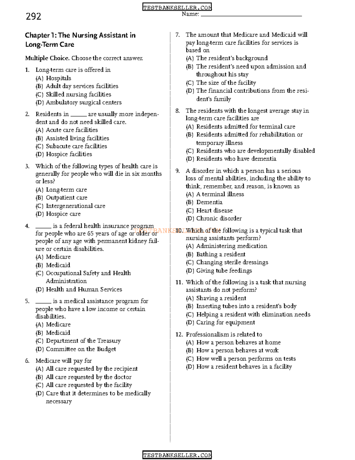 Hartman Test Bank Questions - TESTBANKSELLER !"! Name