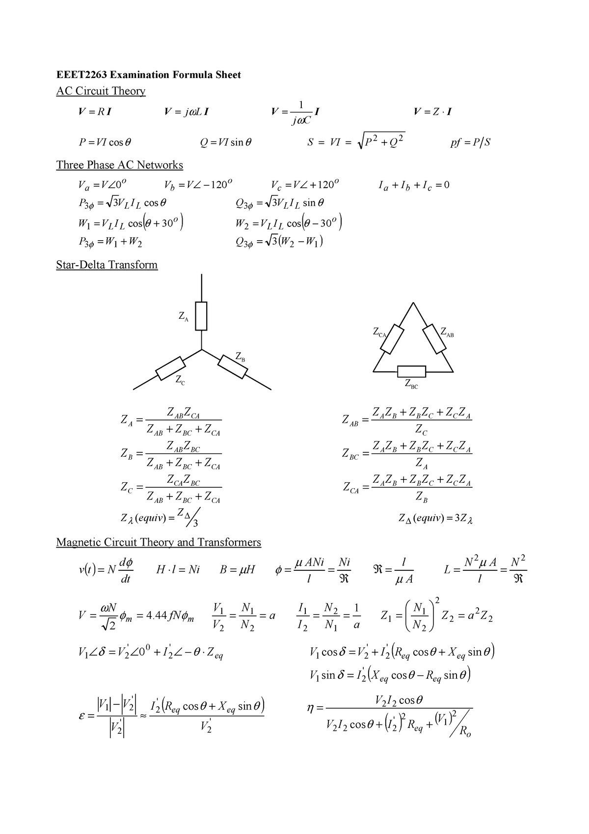 ECE2263 Sheet - EEET2263 Examination Formula Sheet AC Circuit Theory V = jω L I V =RI P = VI - Studocu