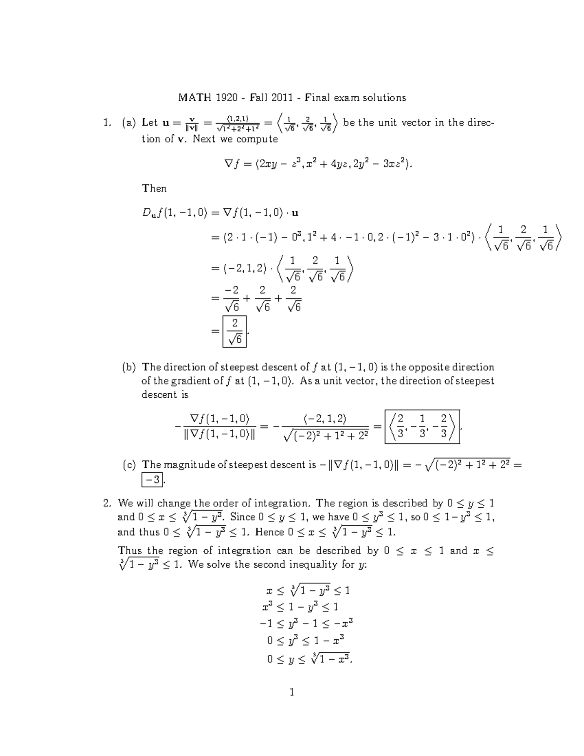 2011 .fall - Exam Solutions - MATH 1920 - Fall 2011 - Final exam ...