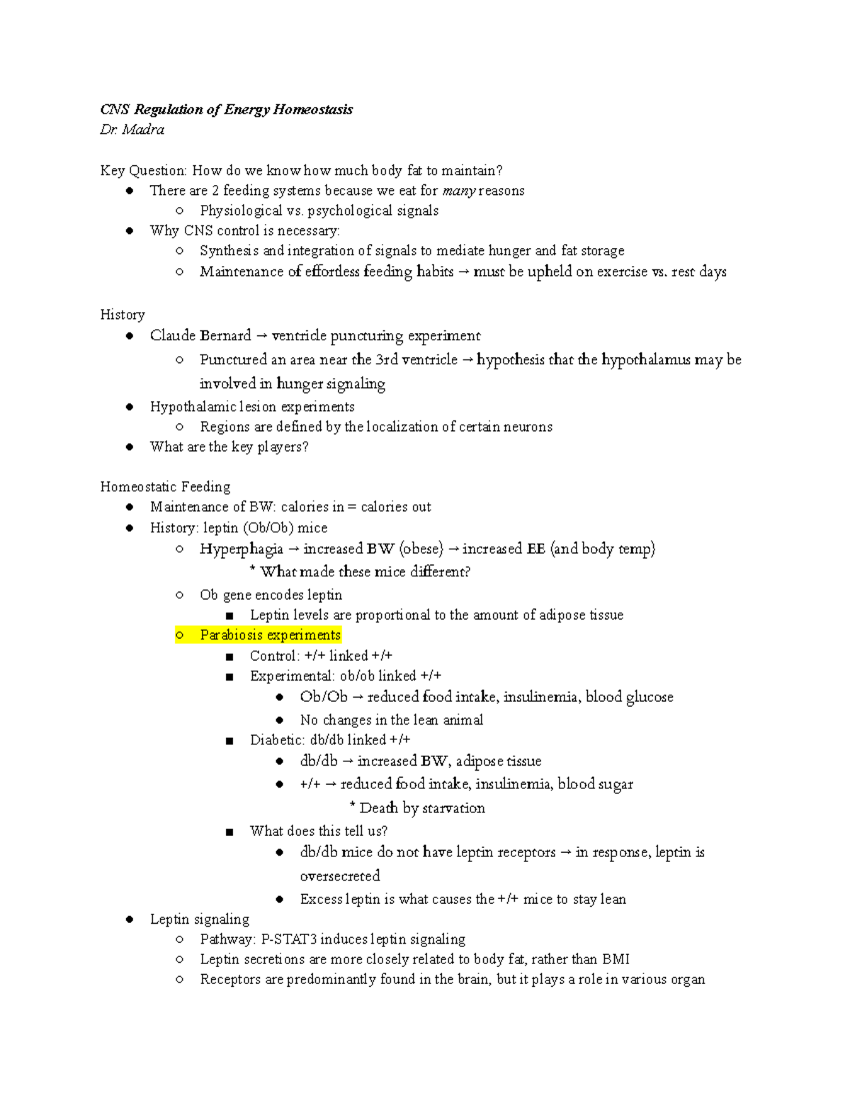 Energy Regulation - CNS Regulation of Energy Homeostasis Dr. Madra Key ...