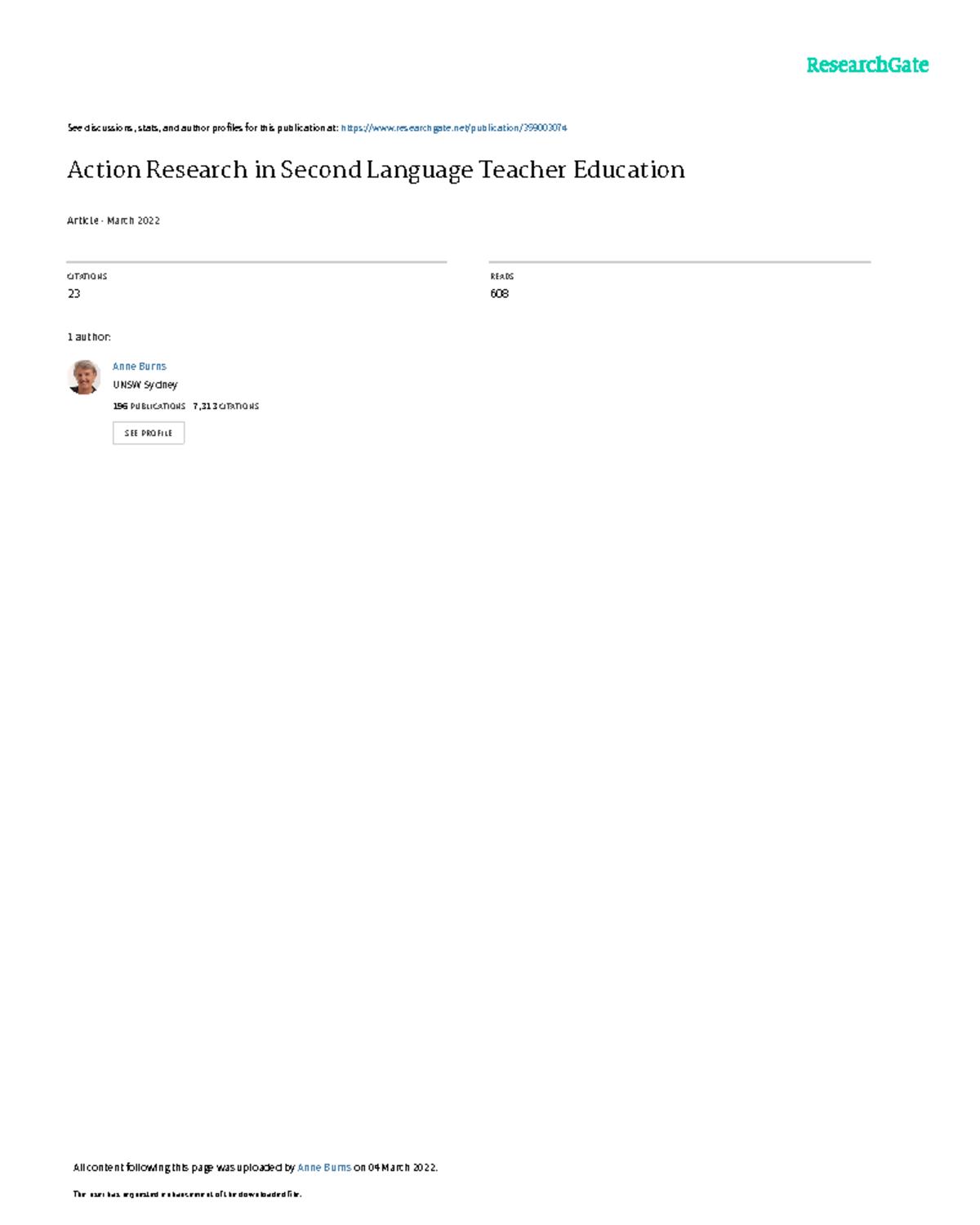 Burns Action Research In Second Language Teacher Education Article ...