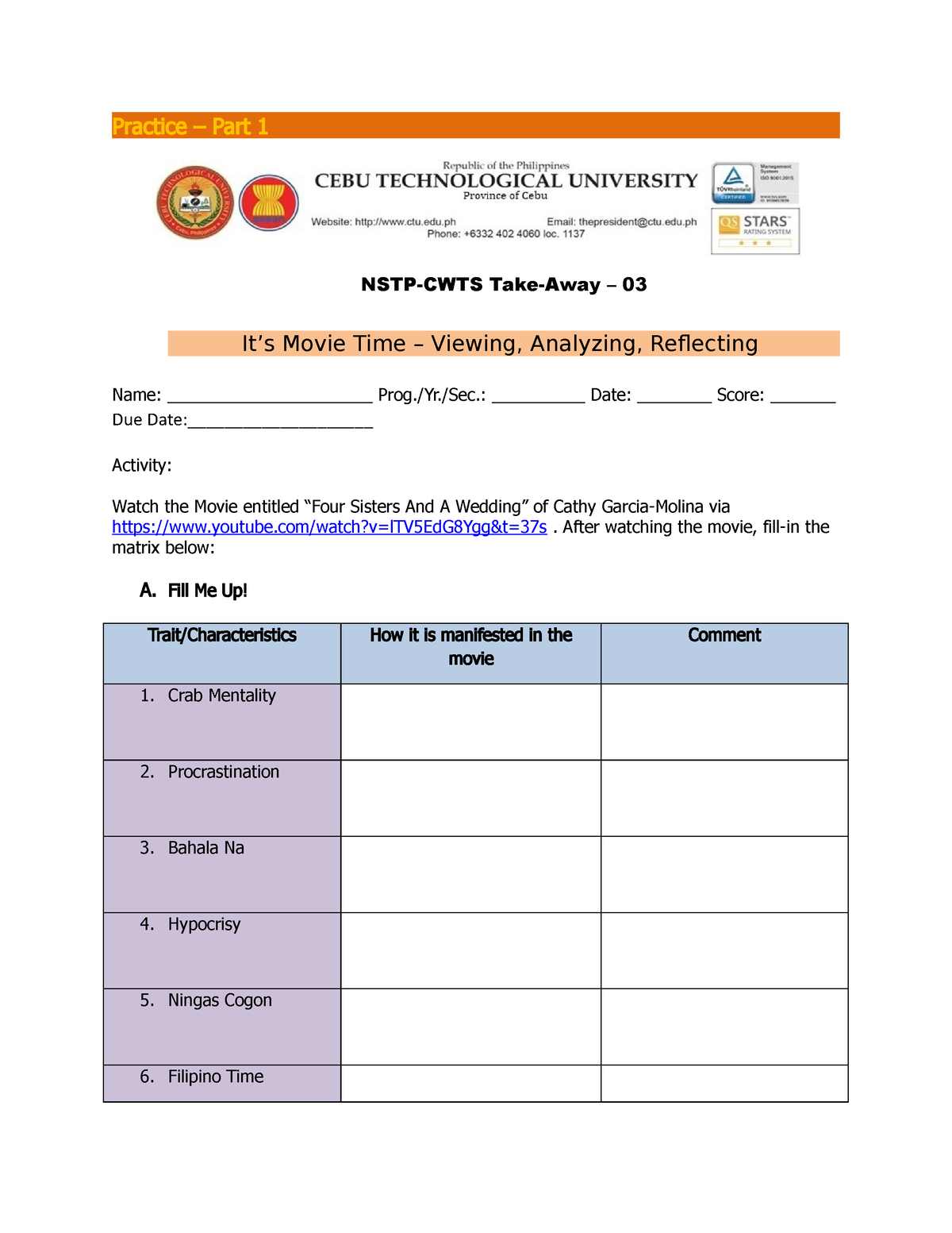 Module 3 Take Away Activities - Practice – Part 1 NSTP-CWTS Take-Away ...