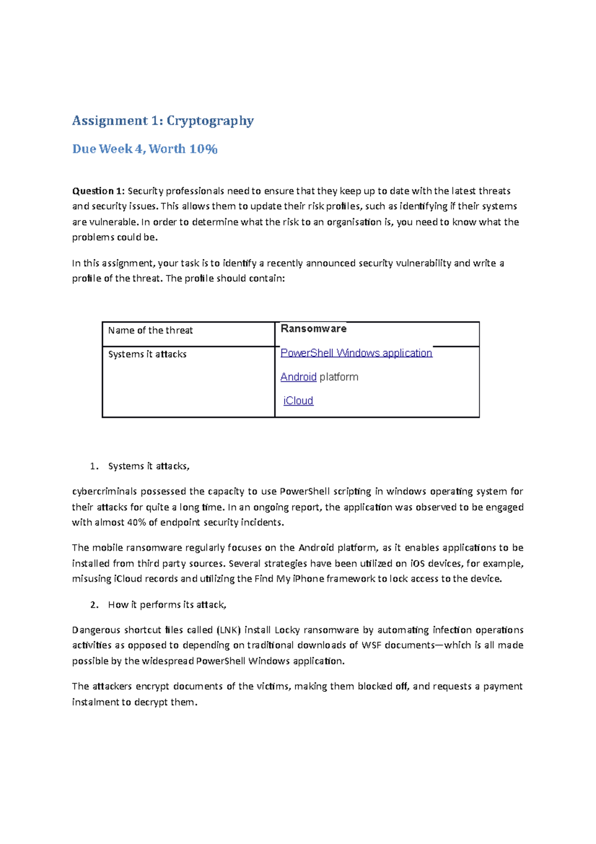 Assignment 1 2018 - Assignment 1: Cryptography Due Week 4, Worth 10% ...