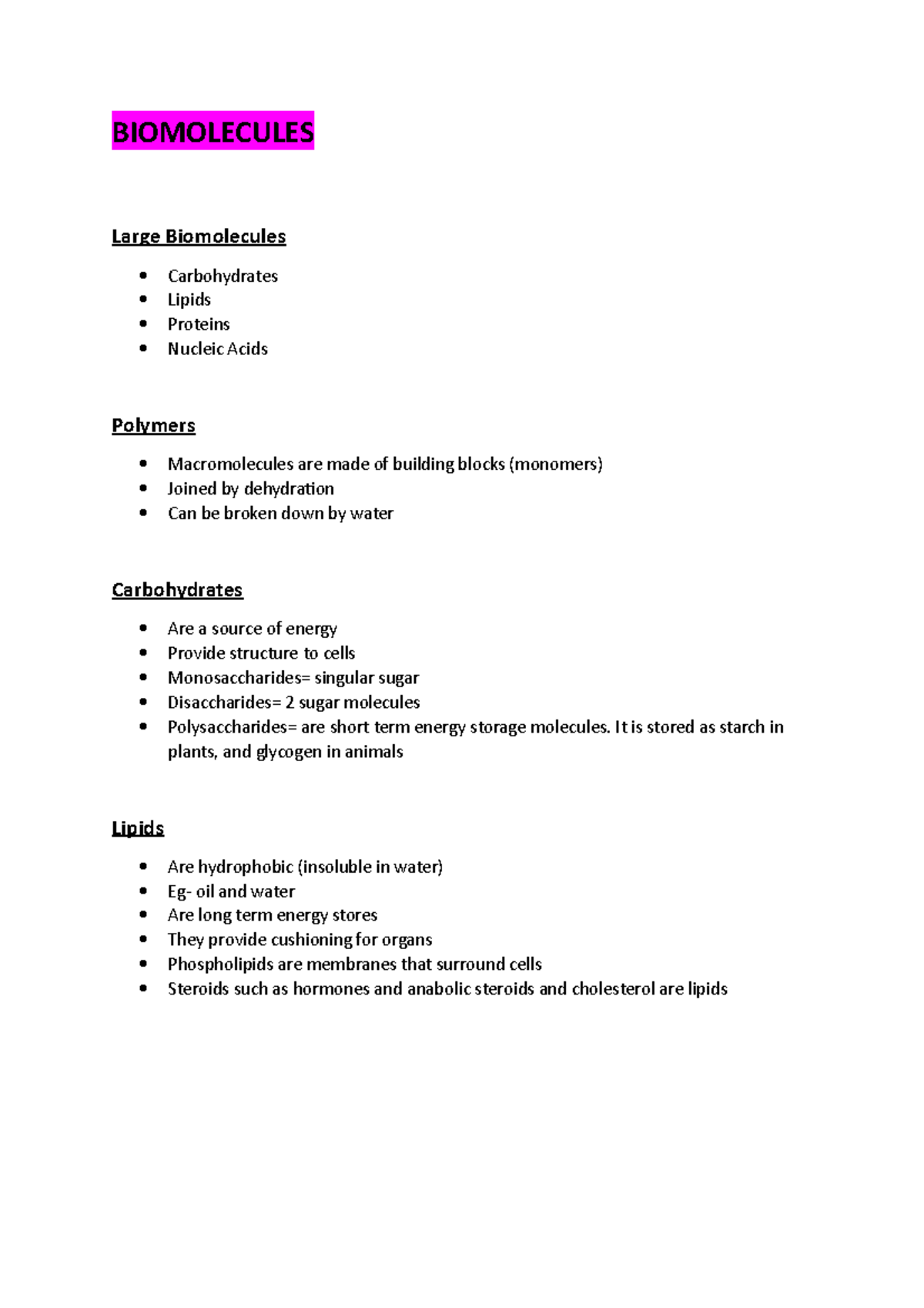Biomolecules Lecture notes 1 BIOMOLECULES Large Biomolecules