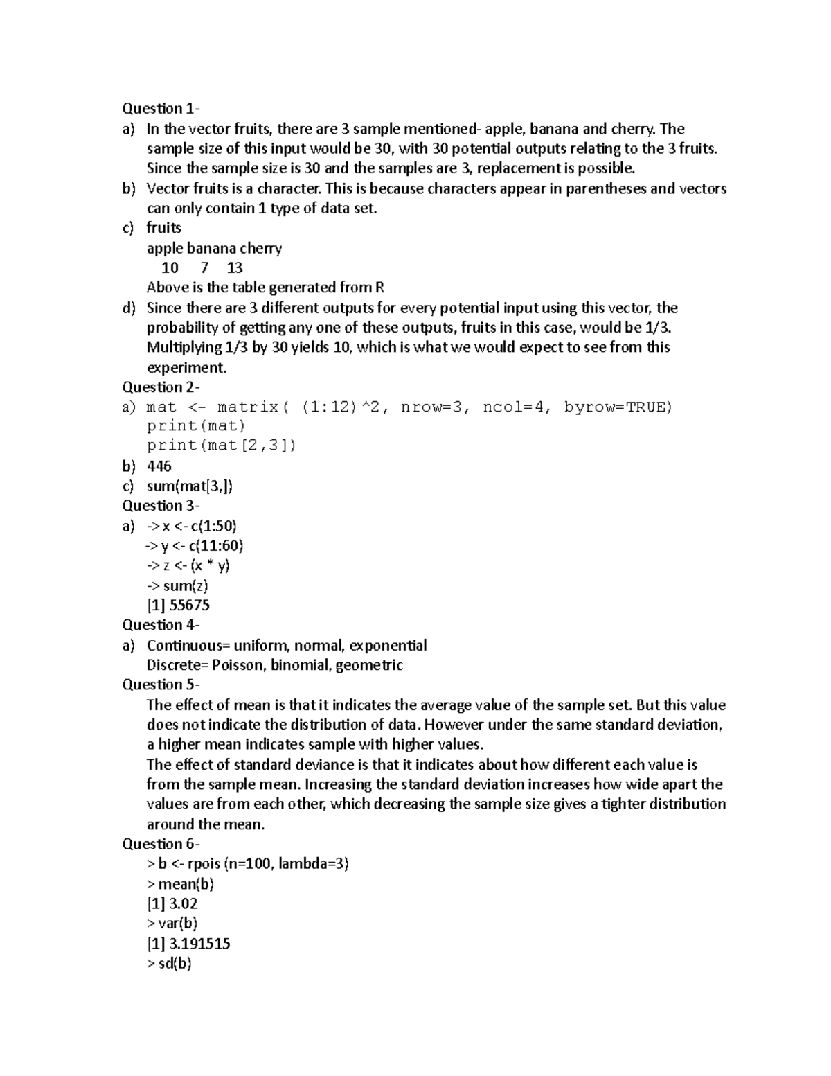 Statistics Homework 2 - Question 1- a) In the vector fruits, there are ...