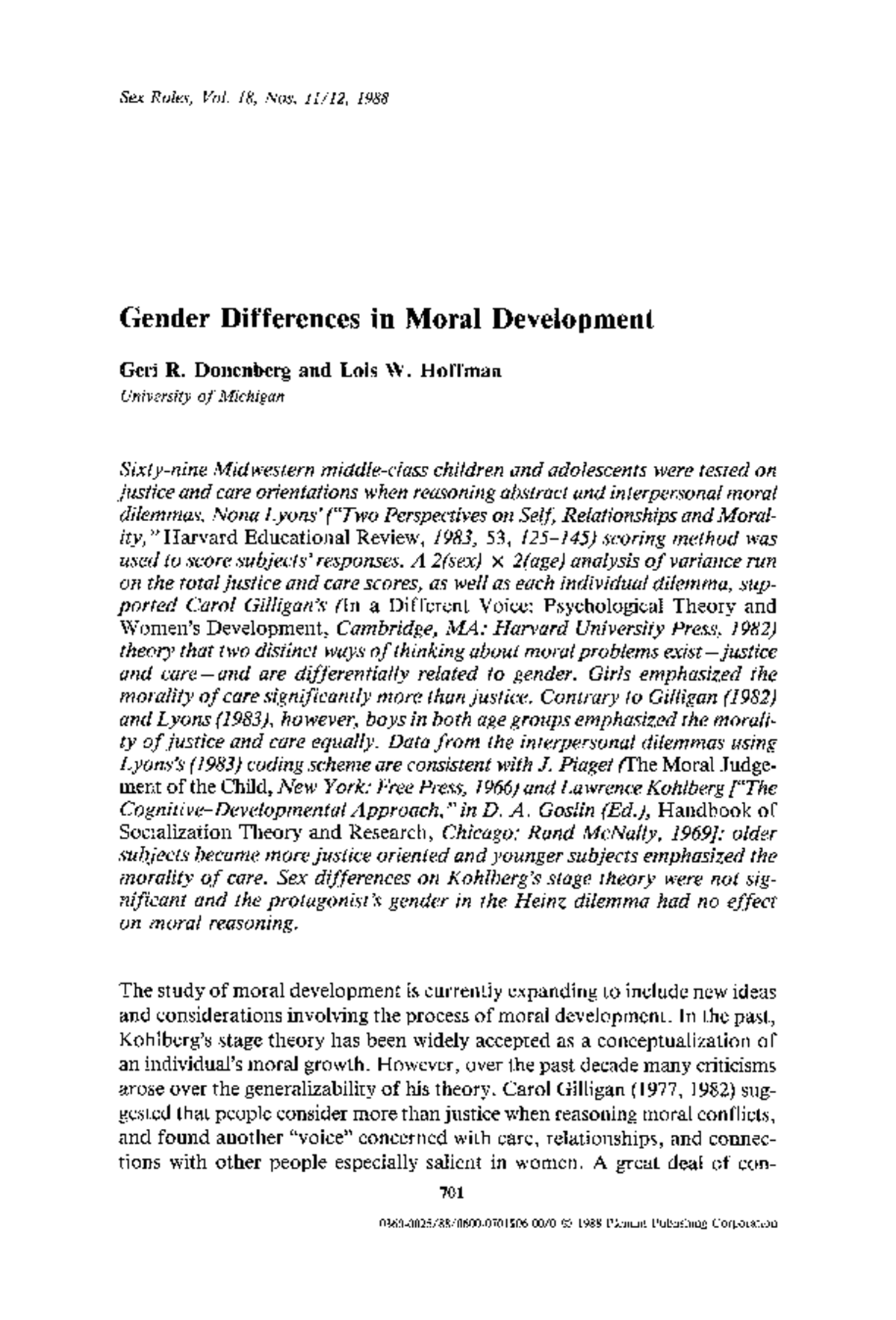 Donenberg 1988 - ROL - Sex Roles, Vol. 18, Nos. 11/12, 1988 Gender  Differences in Moral Development - Studocu