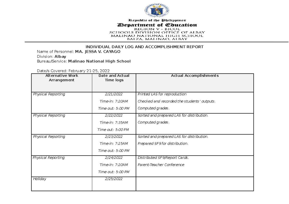 Cayago- Idlar Feb 21-25, 2022 - INDIVIDUAL DAILY LOG AND ACCOMPLISHMENT ...
